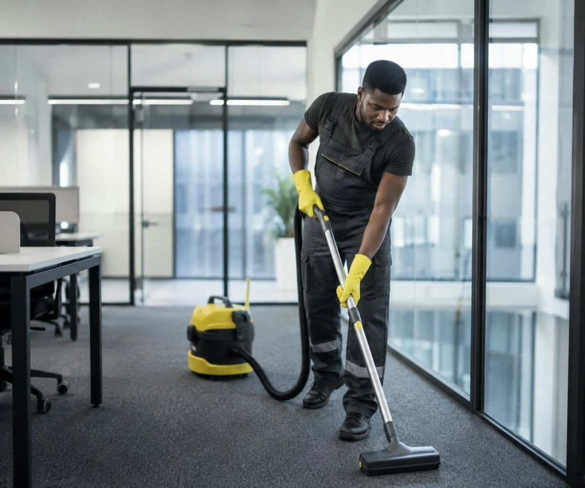 Reinigungskraft saugt den Teppichboden in einem Büro